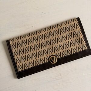 Mario Valentino Tan and Brown Monogram Fold-Over wallet clutch, Gold V Emblem